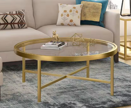 Xivil 36 in. Brass Round Glass Top Coffee Table