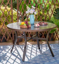 Load image into Gallery viewer, Black/Brown Round Metal Patio Outdoor Dining Table with 1.97 in. Umbrella Hole and Wood-Look Tabletop
