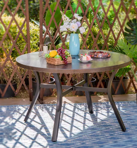 Black/Brown Round Metal Patio Outdoor Dining Table with 1.97 in. Umbrella Hole and Wood-Look Tabletop