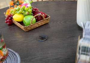 Black/Brown Round Metal Patio Outdoor Dining Table with 1.97 in. Umbrella Hole and Wood-Look Tabletop