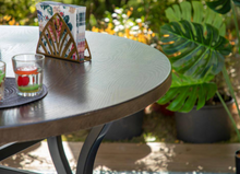 Load image into Gallery viewer, Black/Brown Round Metal Patio Outdoor Dining Table with 1.97 in. Umbrella Hole and Wood-Look Tabletop