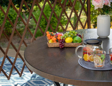 Load image into Gallery viewer, Black/Brown Round Metal Patio Outdoor Dining Table with 1.97 in. Umbrella Hole and Wood-Look Tabletop