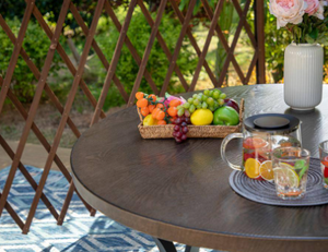 Black/Brown Round Metal Patio Outdoor Dining Table with 1.97 in. Umbrella Hole and Wood-Look Tabletop