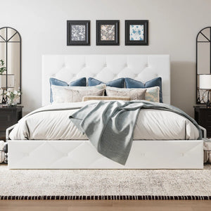 Queen Silvester Modern Upholstered Platform Storage Bed with Wooden Slats, no box spring needed
