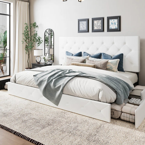 Queen Silvester Modern Upholstered Platform Storage Bed with Wooden Slats, no box spring needed