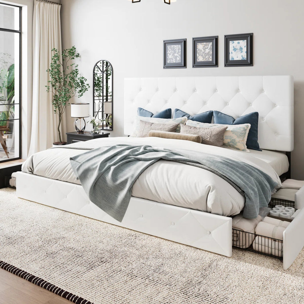 Queen Silvester Modern Upholstered Platform Storage Bed with Wooden Slats, no box spring needed