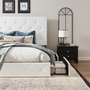 Queen Silvester Modern Upholstered Platform Storage Bed with Wooden Slats, no box spring needed