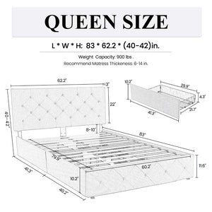 Queen Silvester Modern Upholstered Platform Storage Bed with Wooden Slats, no box spring needed