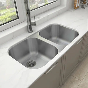 Sinber 32" x 18" Undermount Double Bowl Kitchen Sink with 18 Gauge 304 Stainless Steel Satin Finish