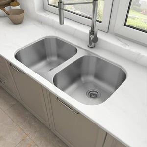 Sinber 32" x 18" Undermount Double Bowl Kitchen Sink with 18 Gauge 304 Stainless Steel Satin Finish