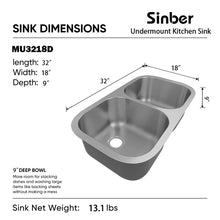 Load image into Gallery viewer, Sinber 32&quot; x 18&quot; Undermount Double Bowl Kitchen Sink with 18 Gauge 304 Stainless Steel Satin Finish