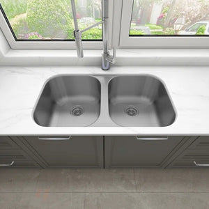 Sinber 32" x 18" Undermount Double Bowl Kitchen Sink with 18 Gauge 304 Stainless Steel Satin Finish