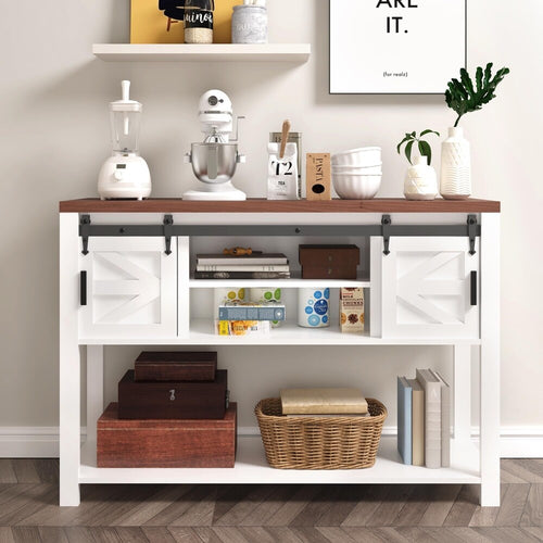 Jojoka 47” Entryway Table with Storage Sofa Table with Sliding Barn Door and Open Shelf,White