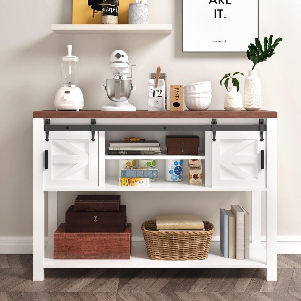 Jojoka 47” Entryway Table with Storage Sofa Table with Sliding Barn Door and Open Shelf,White