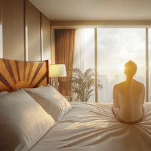 Load image into Gallery viewer, Sunset Solid Wood Bed Frame Solid Wood Bed Frame with Artistic Patterned Headboard, Mid-Century Art Deco Design