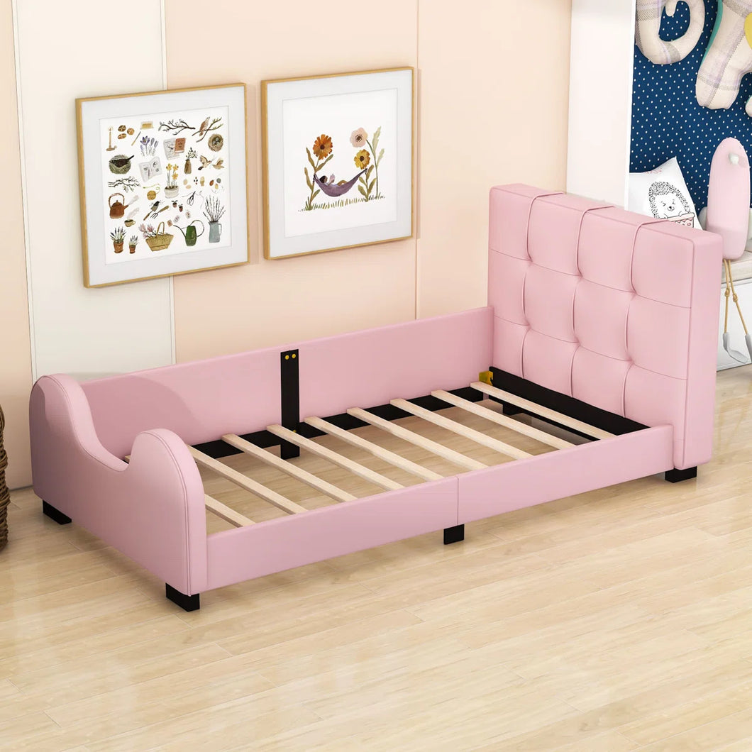 Twin Upholstered Platform Bed with Guardrail and Comfortable Headboard