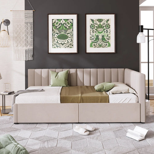 Full Size Upholstered Daybed with 2 Storage Drawers Sofa Bed Frame