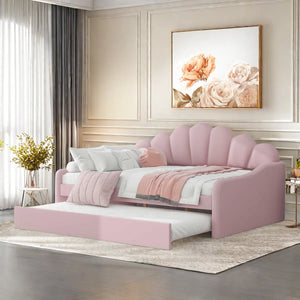 Upholstery Velvet Daybed Frame With Shall Shaped Backrest And Trundle