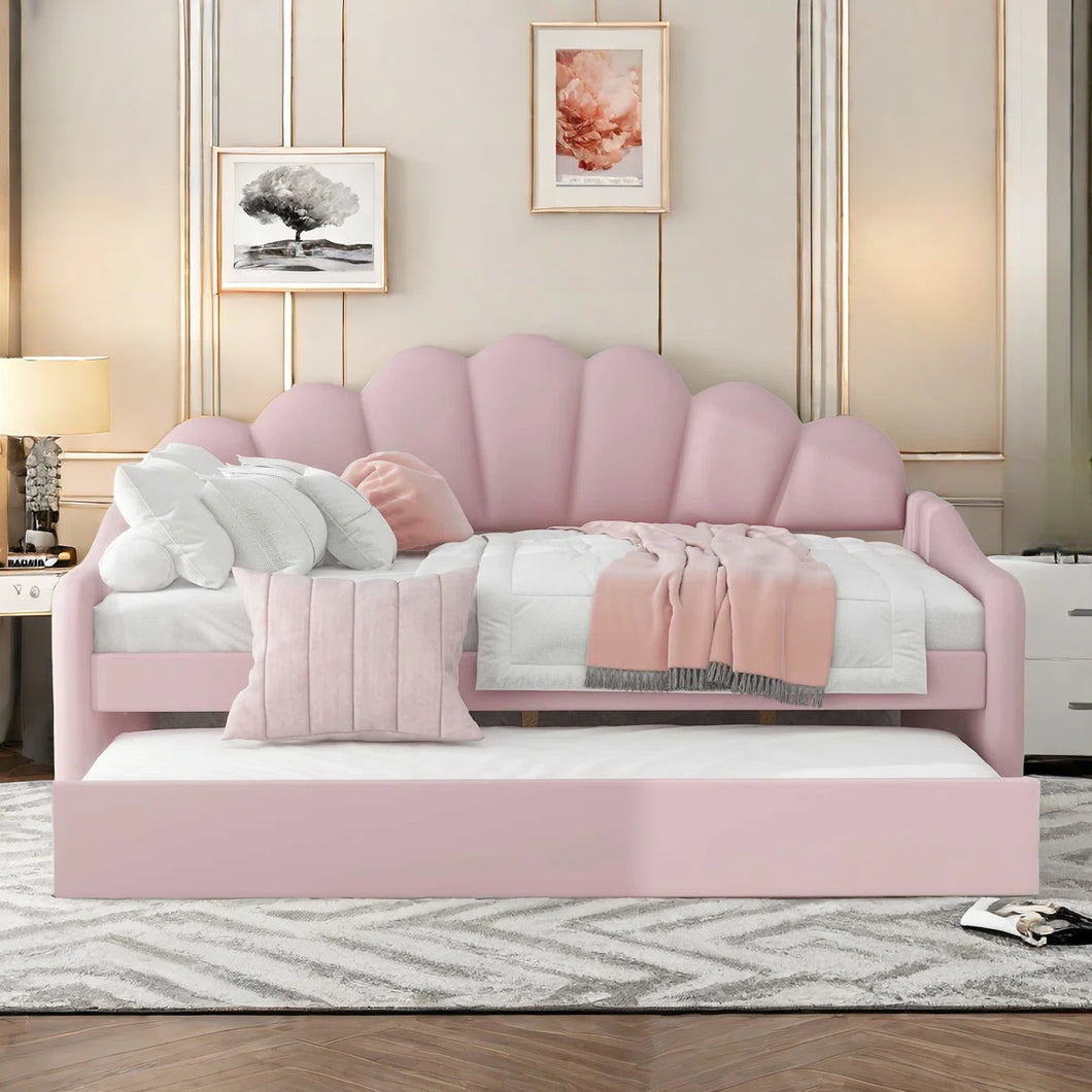 Upholstery Velvet Daybed Frame With Shall Shaped Backrest And Trundle