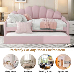 Upholstery Velvet Daybed Frame With Shall Shaped Backrest And Trundle