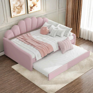 Upholstery Velvet Daybed Frame With Shall Shaped Backrest And Trundle