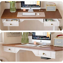 Load image into Gallery viewer, FEZIBO Whole Piece Farmhouse Style Standing Adjustable Desk with 2 Drawers, 55 x 24 Inches Sit Stand Electric Home Office Desk, Sandalwood Washed White