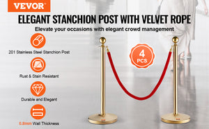 VEVOR 4 Pack Crowd Control Stanchions with Velvet Rope, 3 Pieces 5ft Red Velvet Ropes, Stainless Steel Queue Line Divider with Fillable Base and Top