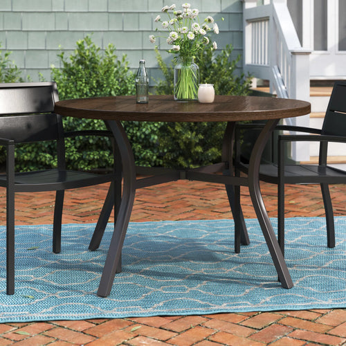 Black/Brown Round Metal Patio Outdoor Dining Table with 1.97 in. Umbrella Hole and Wood-Look Tabletop