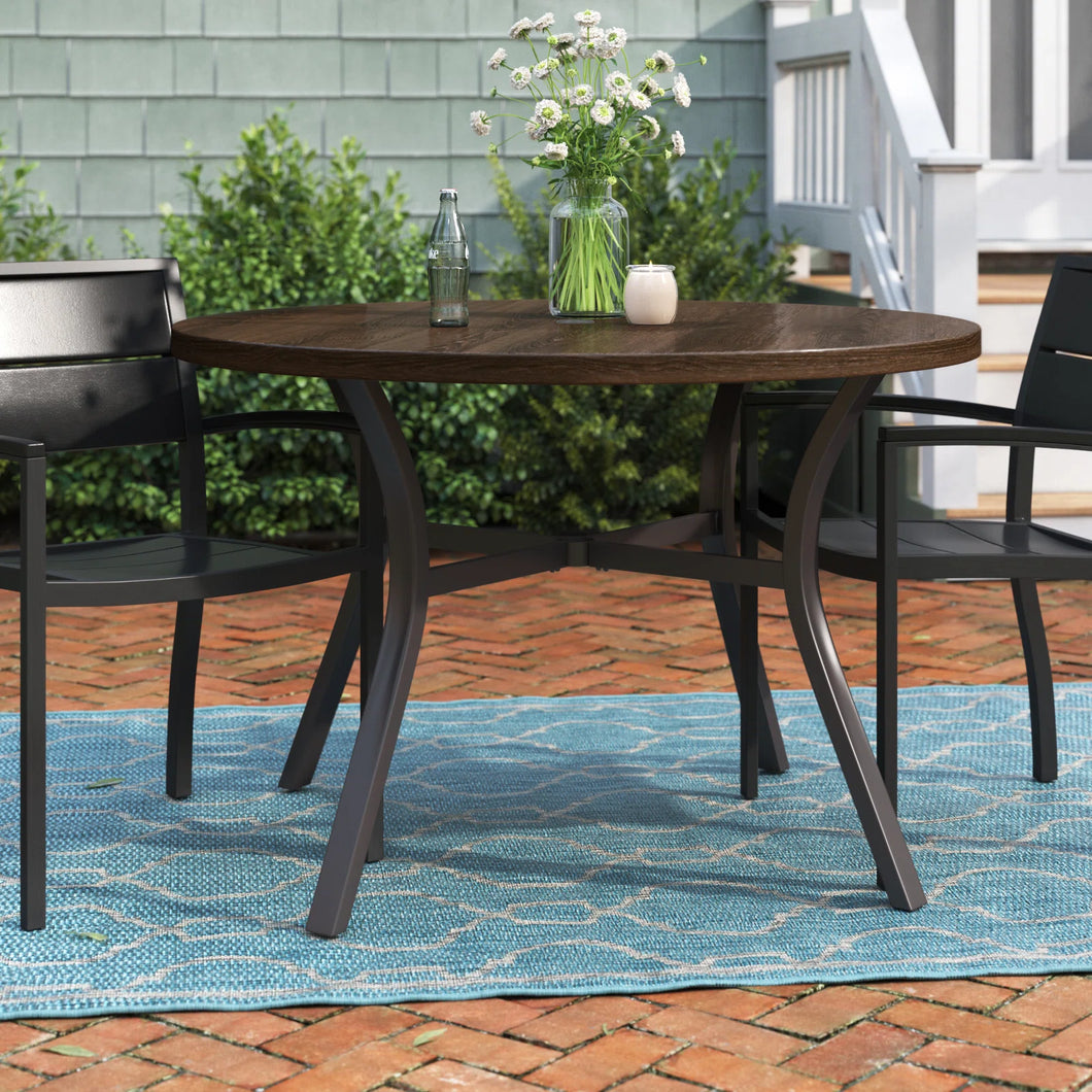 Black/Brown Round Metal Patio Outdoor Dining Table with 1.97 in. Umbrella Hole and Wood-Look Tabletop