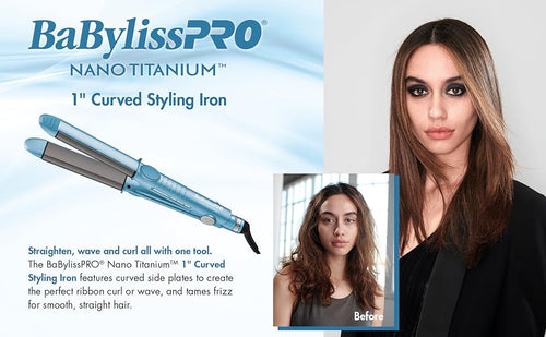 BaBylissPRO Nano Titanium and Ceramic U Style Dual Voltage Flat Iron with Unique Curved Side Plates