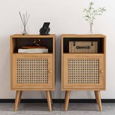 2 PC Tolead Rattan Nightstand with Charging Station, Boho Side Table with Handmade Rattan Decorated Door, Bedroom, Living Room, Natural