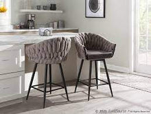 Load image into Gallery viewer, 26&quot; BRAIDED MATISSE CONTEMPORARY COUNTER STOOLS (SET OF 2)  IN BLACK METAL WITH GREY FAUX LEATHER AND GREY FABRIC