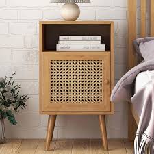 2 PC Tolead Rattan Nightstand with Charging Station, Boho Side Table with Handmade Rattan Decorated Door, Bedroom, Living Room, Natural