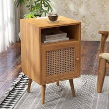 Load image into Gallery viewer, 2 PC Tolead Rattan Nightstand with Charging Station, Boho Side Table with Handmade Rattan Decorated Door, Bedroom, Living Room, Natural