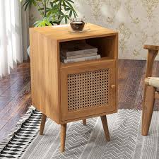 2 PC Tolead Rattan Nightstand with Charging Station, Boho Side Table with Handmade Rattan Decorated Door, Bedroom, Living Room, Natural