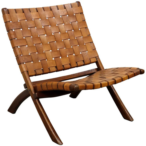Richard Lounge Chair Retro Foldable Teak Wood & Genuine Woven Leather Seat