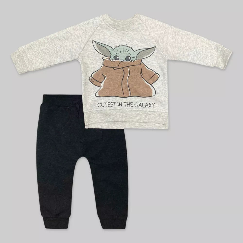 Baby Boys' 2pc Star Wars Baby Yoda Long Sleeve Fleece Top and Bottom Set - Gray