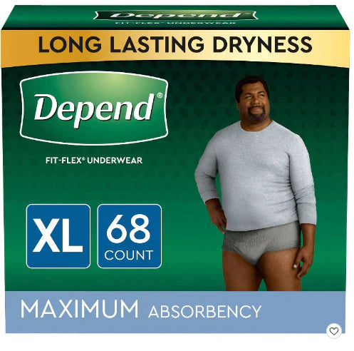 Depend FIT-FLEX 68ct SIZE XL Incontinence Underwear for Men - Maximum Absorbency - Gray